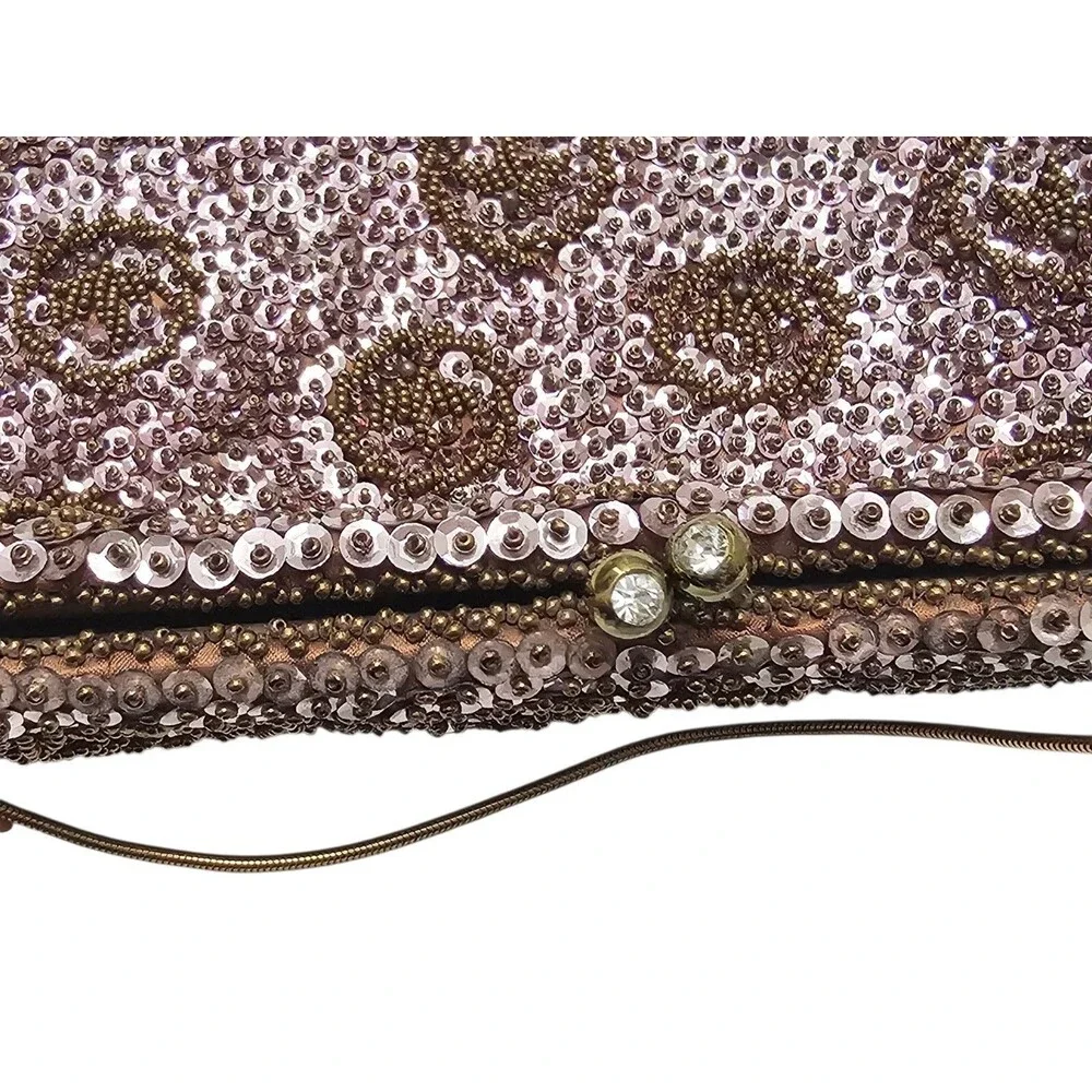 Vintage Hand Beaded Evening Bag with Sequins and Rhinestone Clasp